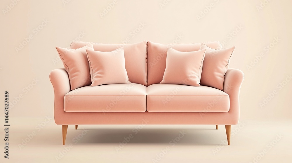 Fototapeta premium Pastel pink sofa with cushions on light background.