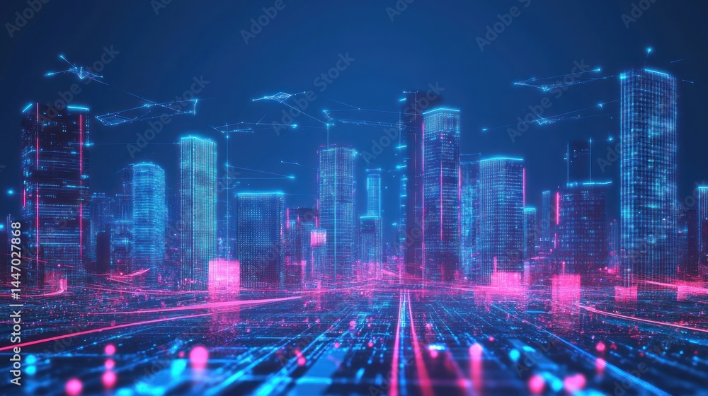 Fototapeta premium Futuristic Cityscape: Neon Glow of a Digital Metropolis