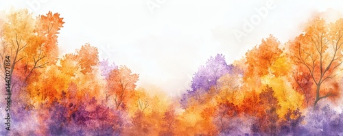 Watercolor painting of trees with vibrant autumn season colors