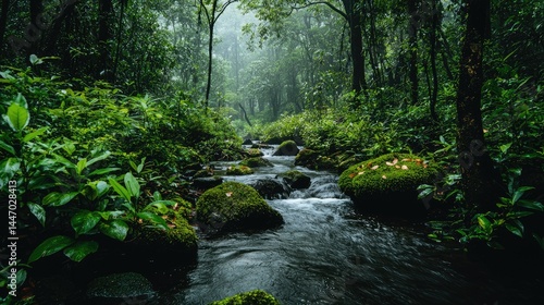 A tranquil stream flows through a lush green forest landscape