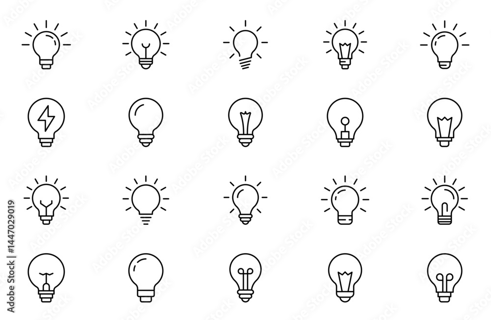 Lightbulbs line icon set. Lamps Collection of Thin Icons. Editable Stroke. Suitable for Web Sites, Books, Cards, Apps. vector illustration Lightbulbs line icon set. Lamps Collection of Thin Icons. Editable Stroke. Suitable for Web Sites, Books, Cards, Apps. vector illustration