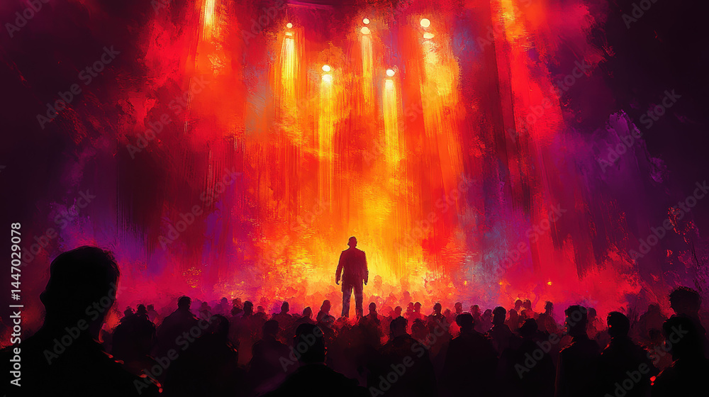 Silhouetted figure stands before a crowd, illuminated by intense spotlights in a fiery, cavernous setting Silhouetted figure stands before a crowd, illuminated by intense spotlights in a fiery, cavernous setting