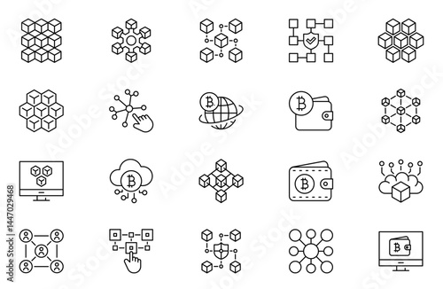 Blockchain technology outline icon set, such as cryptocurrency, mining, bitcoin. Editable Stroke. Outline Symbol Collection.