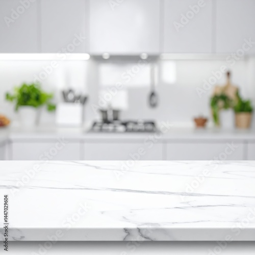 A pristine white marble countertop gleams under soft lighting, set against a modern kitchen backdrop featuring sleek cabinetry and stainless steel appliances.