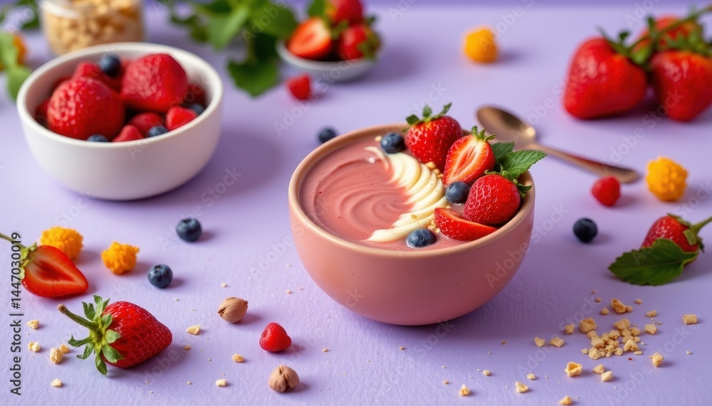 Vibrant smoothie bowl set in the center right corner on a light lavender background, in a modern food photography style, with natural warmth, open space, high resolution Vibrant smoothie bowl set in the center right corner on a light lavender background, in a modern food photography style, with natural warmth, open space, high resolution