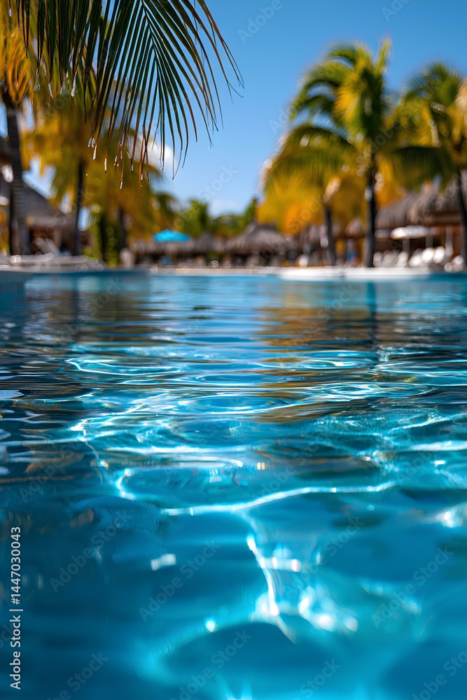 Charming island resort with a shimmering blue pool, sunlit palms, and beautiful thatched bungalows creating a dreamlike setting. Charming island resort with a shimmering blue pool, sunlit palms, and beautiful thatched bungalows creating a dreamlike setting.