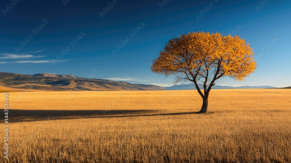 Fototapeta premium A solitary tree stands in a field beneath a blue sky