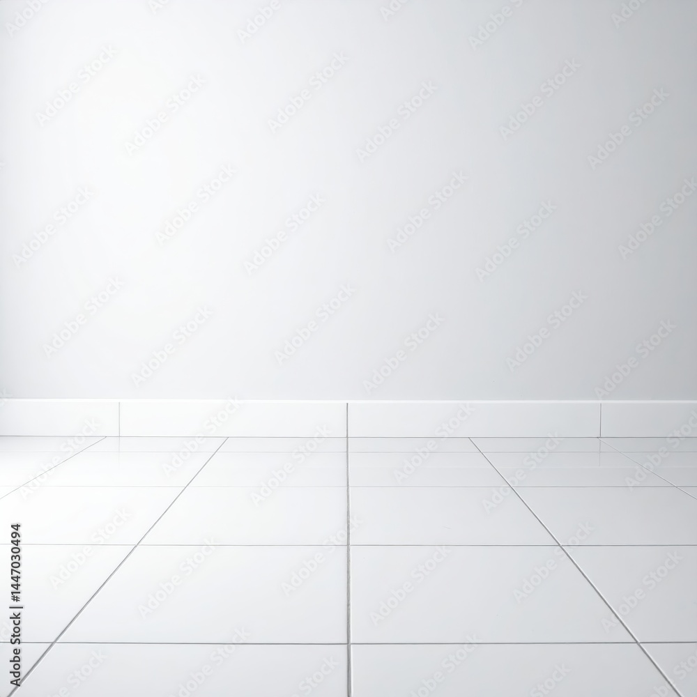 Fototapeta premium A pristine white tile floor glistens under soft, warm light streaming in from a nearby window, creating a serene and inviting atmosphere.