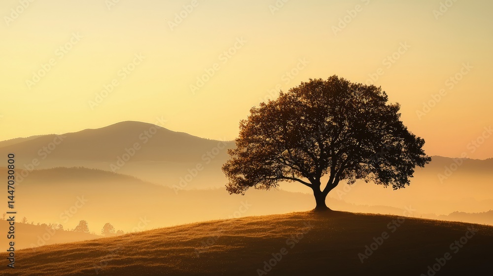 A solitary tree stands atop a golden hilltop at sunrise A solitary tree stands atop a golden hilltop at sunrise