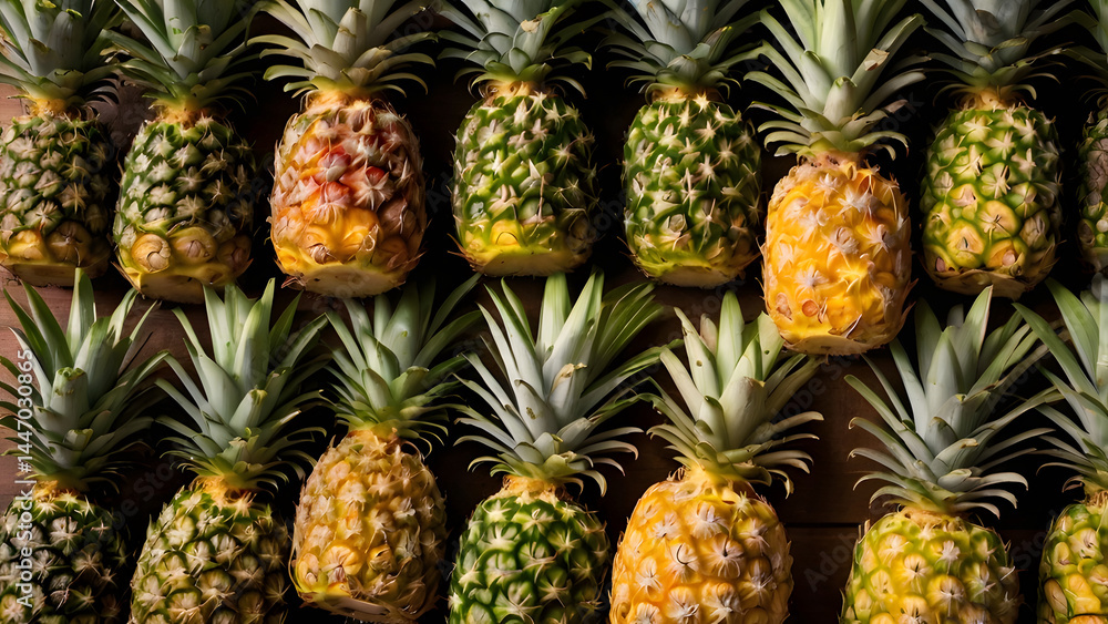 A vibrant arrangement of fresh ripe pineapples showcasing various stages of ripeness and textures on a wooden surface. A vibrant arrangement of fresh ripe pineapples showcasing various stages of ripeness and textures on a wooden surface.