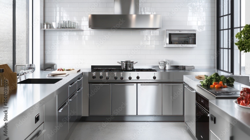 Fototapeta premium Sleek and modern kitchen design featuring stainless steel appliances and clean lines