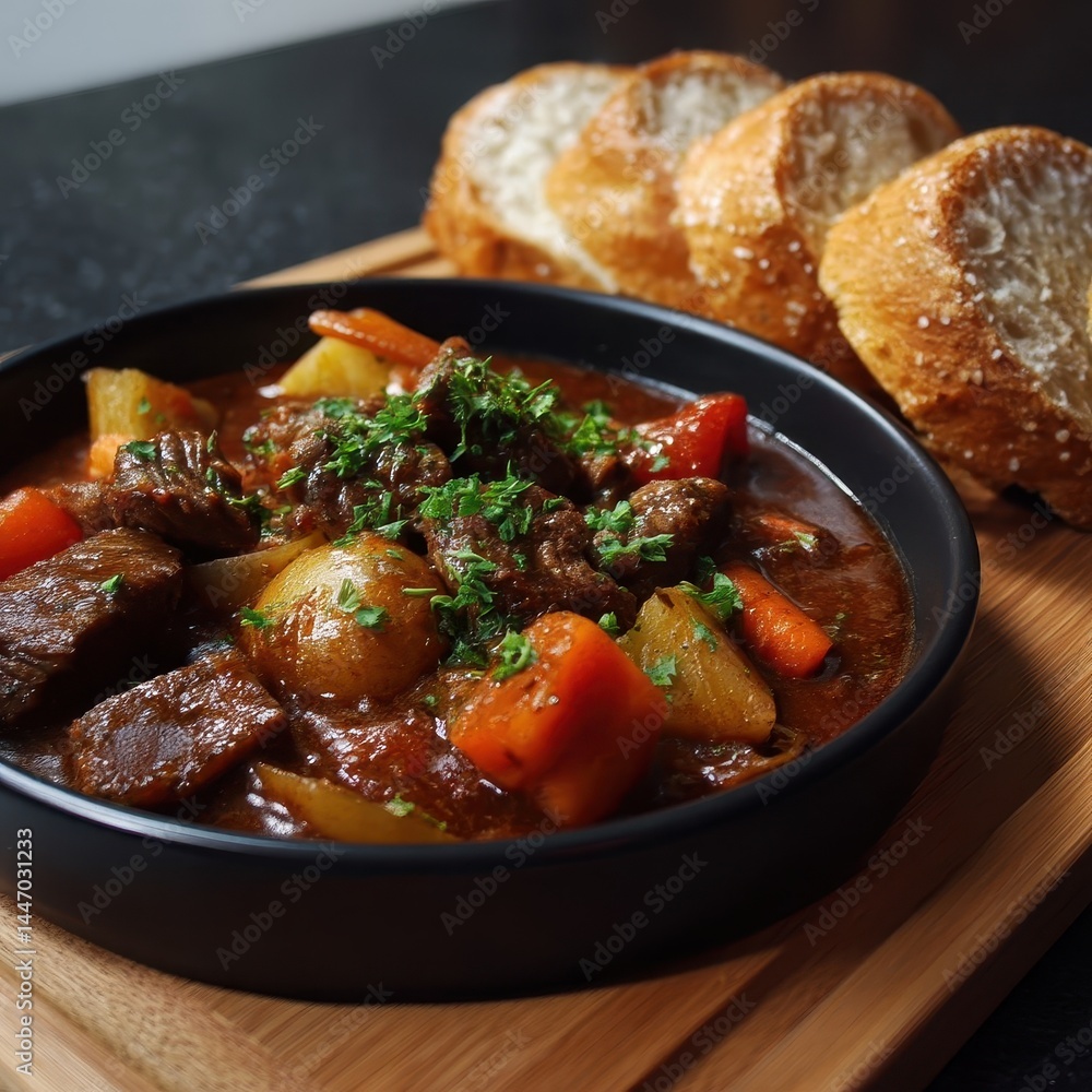 Hearty stew served with crusty bread slices. Hearty stew served with crusty bread slices.