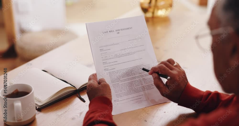 Pen, reading and will with man in living room of home for legal documents or paperwork from above. Contract, planning and security with senior person in apartment for review of assets or inheritance