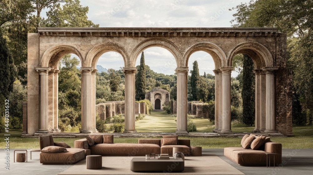 Fototapeta premium Rustic colonnade with lush garden vistas.