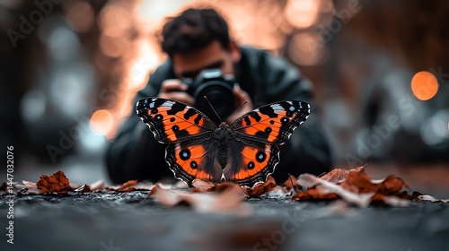 Photographer capturing butterfly nature park close-up image autumn setting eye-level perspective