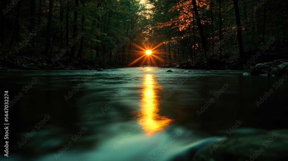 Fototapeta premium Sunlight beaming down on a river in a peaceful forest setting