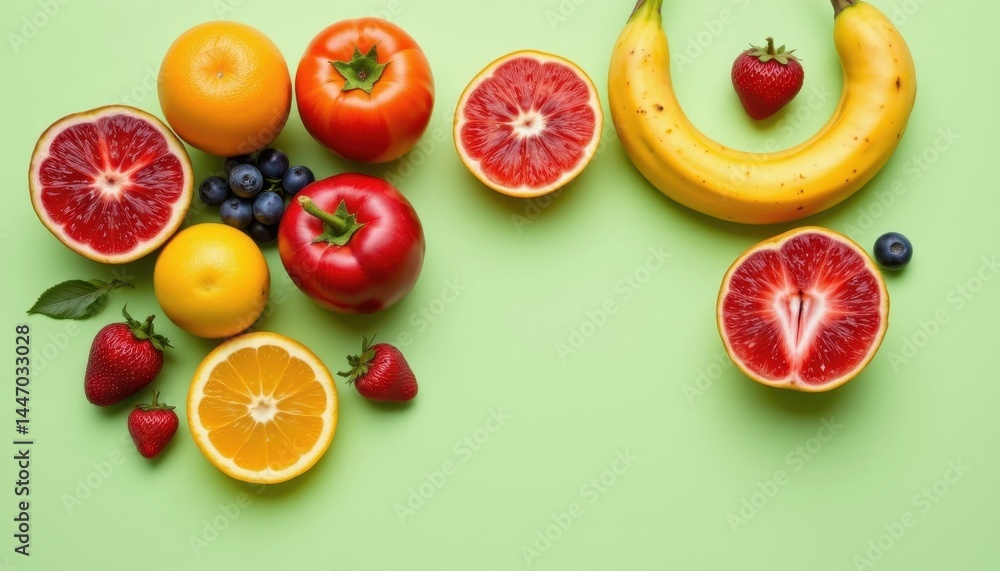 Naklejka premium Vibrant fruit set in the center left corner on a light green background, in a modern food photography style, with natural warmth, open space, high resolution