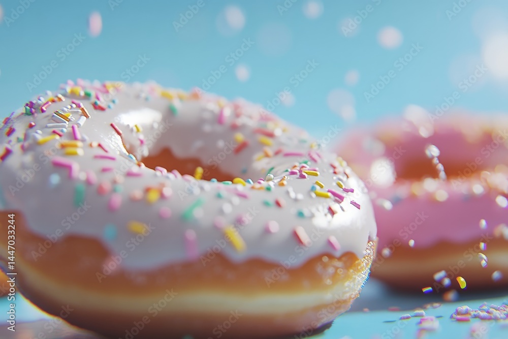 Close-up view of neatly arranged colorful donuts featuring bright icing and sprinkles on a blue backdrop, perfect for showcasing sweetness and vibrancy Close-up view of neatly arranged colorful donuts featuring bright icing and sprinkles on a blue backdrop, perfect for showcasing sweetness and vibrancy
