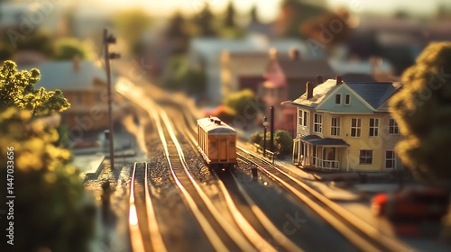 Fototapeta Naklejka Na Ścianę i Meble -  Miniature train tracks through a small town model.