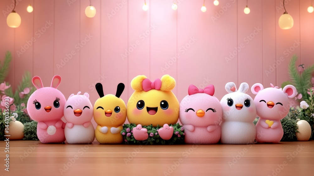 Adorable pixelated plush animal characters with a pastel aesthetic and soft lighting creating a whimsical and cute mood ideal for childrens content Adorable pixelated plush animal characters with a pastel aesthetic and soft lighting creating a whimsical and cute mood ideal for childrens content