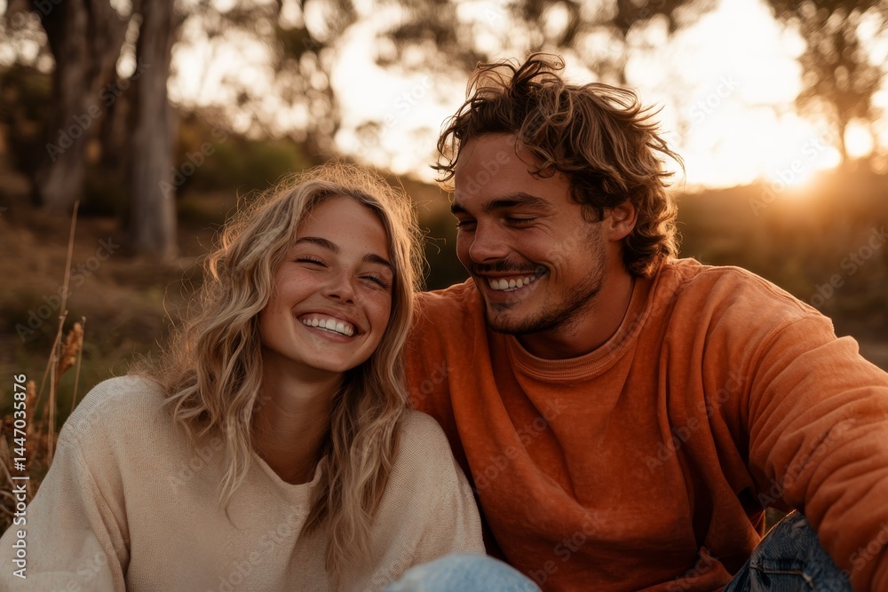 Couple embraces lovingly on soft grass, basking in warm sunlight filtering through trees, sharing smiles and intimate happiness in a tranquil environment Couple embraces lovingly on soft grass, basking in warm sunlight filtering through trees, sharing smiles and intimate happiness in a tranquil environment