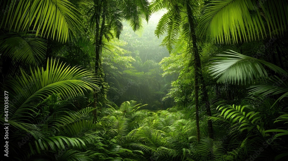 Lush green jungle scene with sunlight and plenty of vegetation Lush green jungle scene with sunlight and plenty of vegetation