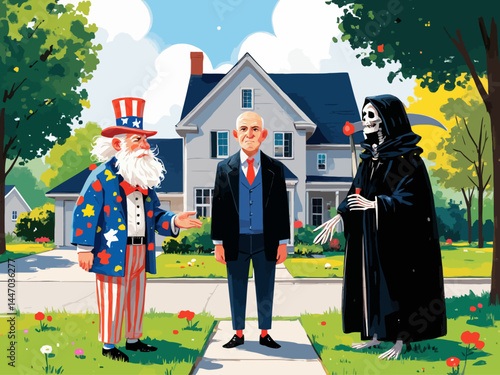 three figures stand in the front yard of a suburban house First, a nervous middle-aged balding suburban white man On his left is the second figure Uncle Sam