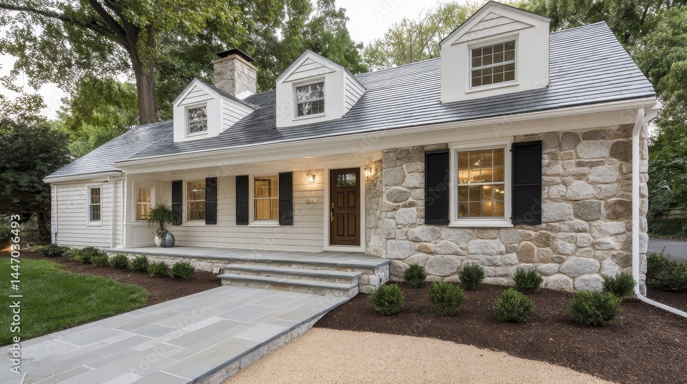 Rustic Cape Cod style home, newly renovated, energy efficient solar panels Attractive landscaping - Renovated efficient home House Shrubs Shutters Rustic Cape Cod style home, newly renovated, energy efficient solar panels Attractive landscaping - Renovated efficient home House Shrubs Shutters