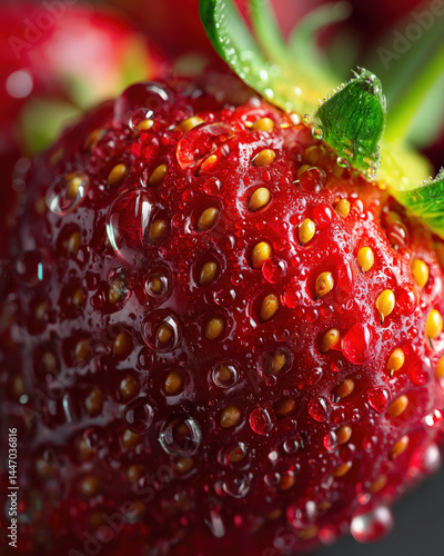 Wallpaper Mural Ripe red strawberry covered with fresh water droplets and green leaves, showing detailed surface texture and vibrant colors in close up macro shot full of freshness and natural beauty Torontodigital.ca