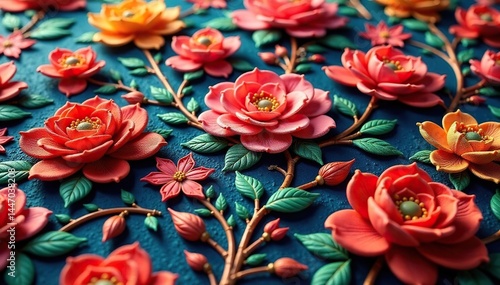 Close-up of repeating textile design, intricate floral weave, fabric, textile design
