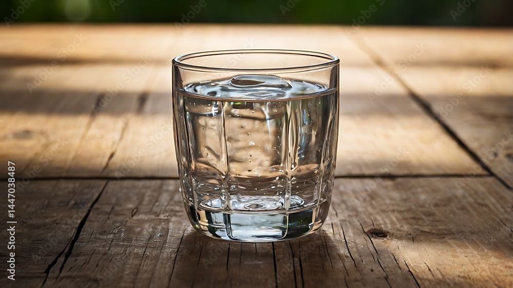 Glass of water on a simple wooden table, natural light Glass of water on a simple wooden table, natural light