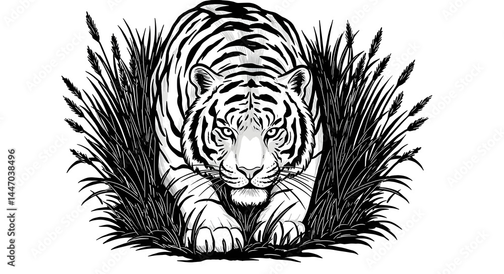 Obraz premium Majestic White Tiger Stalking in Tall Grass Wildlife Image