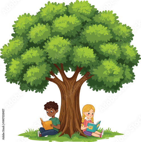 Boy and Girl Reading Under Tree Shade