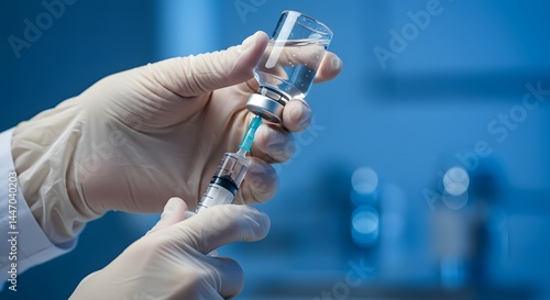 Close-up of gloved hands drawing vaccine liquid into a syringe from a vial. Illustrates vaccination, immunization, and medical treatment concepts