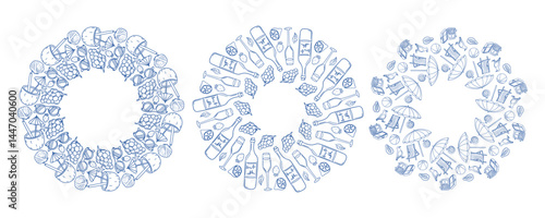 Delicate blue hand-drawn circular patterns inspired by food and leisure activities