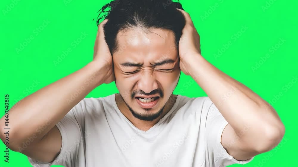 Frustration and Despair: A man, overwhelmed with worry, covers his ears against a vibrant green backdrop, the embodiment of stress and concern. Frustration and Despair: A man, overwhelmed with worry, covers his ears against a vibrant green backdrop, the embodiment of stress and concern.