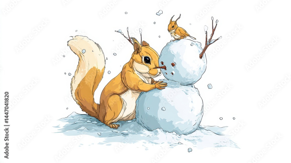 Naklejka premium Squirrel Building Snowman with Bird