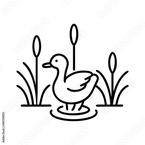 Duck swimming in reeds near calm water  