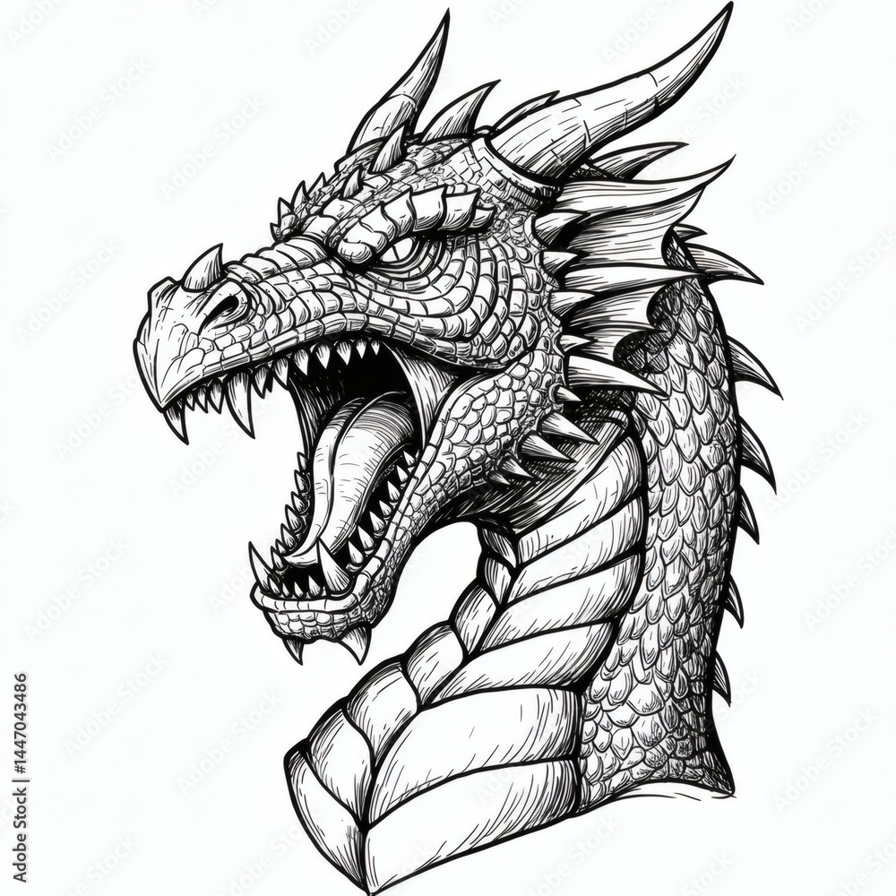 Dragon sketch isolated on white background, Sketch engraving, vector illustration, Scratch board imitation, Black and white image. Dragon sketch isolated on white background, Sketch engraving, vector illustration, Scratch board imitation, Black and white image.
