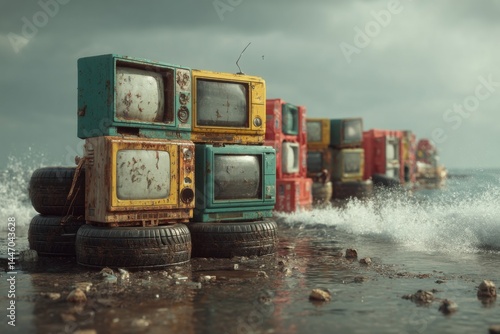 Stack of Old Televisions on Tires Amidst Ocean Waves with other Discarded TV Sets in Background in Muted Colors