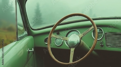 Interior of an old classic car with wooden steering wheel