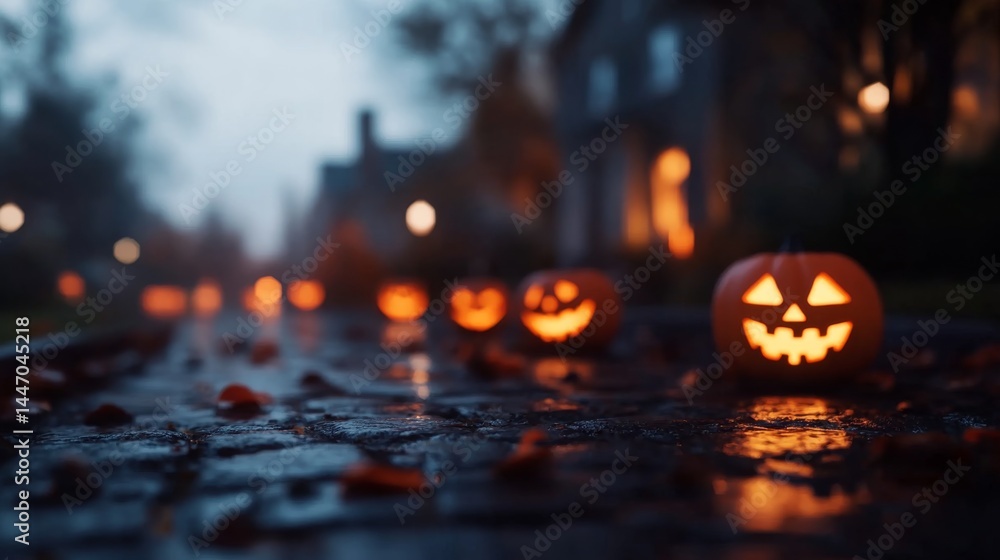 Jack-o-lanterns line a cobblestone path, casting an eerie glow toward an old house. The full moon enhances the haunting atmosphere on a misty night Jack-o-lanterns line a cobblestone path, casting an eerie glow toward an old house. The full moon enhances the haunting atmosphere on a misty night