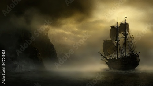 Wallpaper Mural A sailing ship voyages through fog near a rocky cliffside Torontodigital.ca