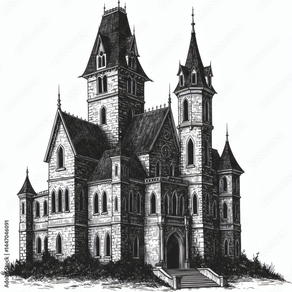 Obraz premium Castle sketch isolated on white background, Sketch engraving, vector illustration, Scratch board imitation, Black and white image.