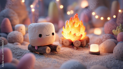 Cute marshmallow by a campfire, surrounded by warm lights and cozy details.  Fluffy marshmallow sits by a crackling fire, lit by warm glows