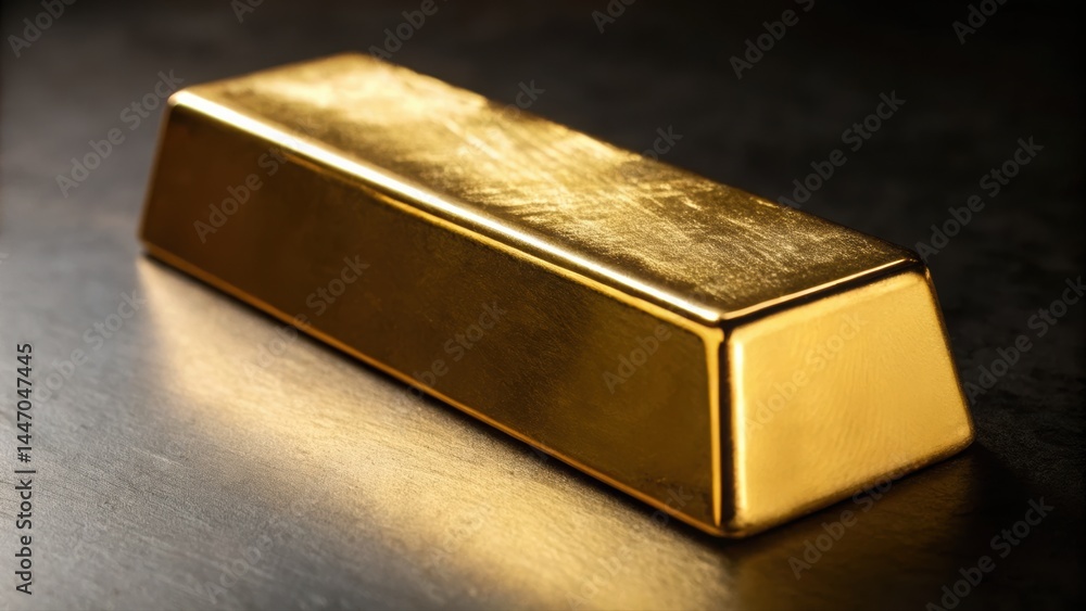 Close-up of a shiny gold bar with smooth surface and rectangular shape, resting on a reflective dark surface with soft lighting highlighting its metallic texture Close-up of a shiny gold bar with smooth surface and rectangular shape, resting on a reflective dark surface with soft lighting highlighting its metallic texture