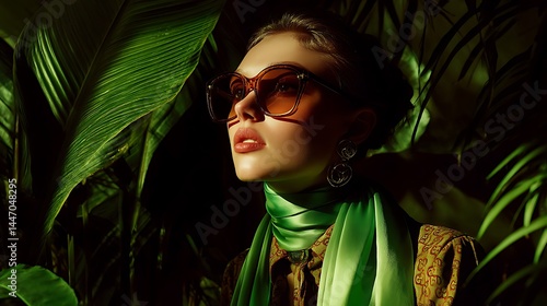 Fototapeta Naklejka Na Ścianę i Meble -  Woman wearing sunglasses in green leaves