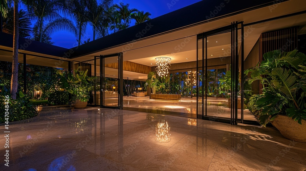 Fototapeta premium An open modern entryway with stunning lighting and tropical plants