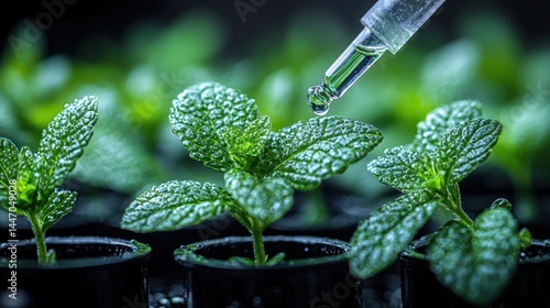 Mint plants receiving liquid