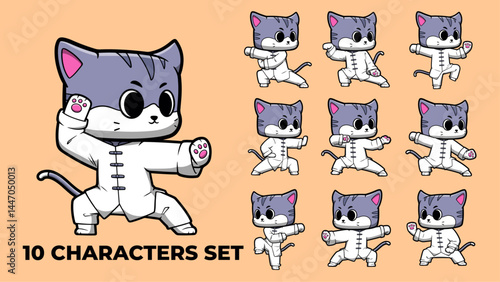 A set of 10 cartoon cat Tai Chi Exercise characters in various dynamic poses, ideal for animations and children's media